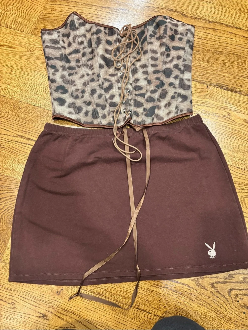 PACSUN Solid Brown Mini Play Boy Bunny Skirt With Cheetah SHEIN Corset Top L